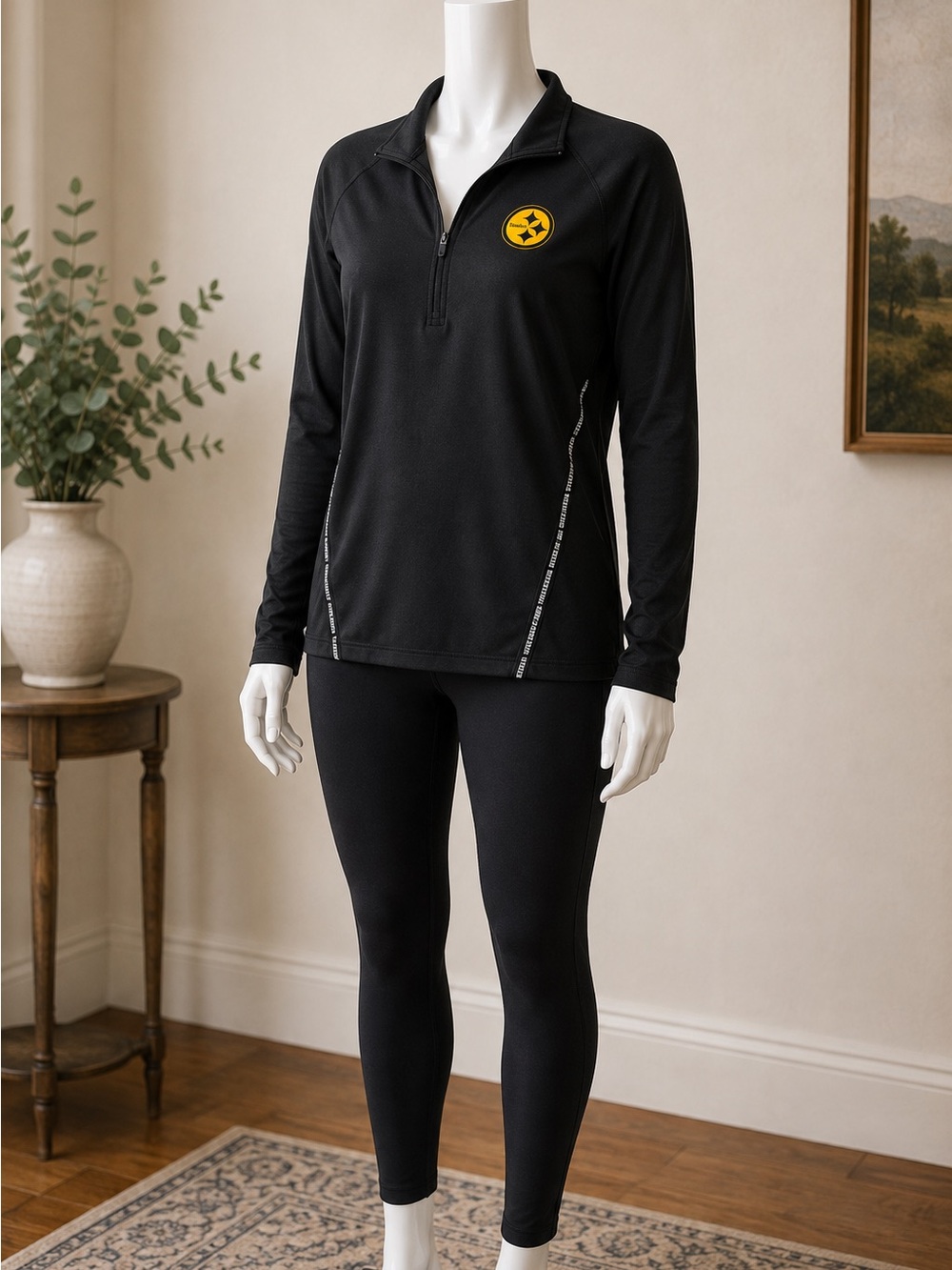 NFL Steelers Black Long Sleeve 1/4 Zip Tunic with Yellow Logo